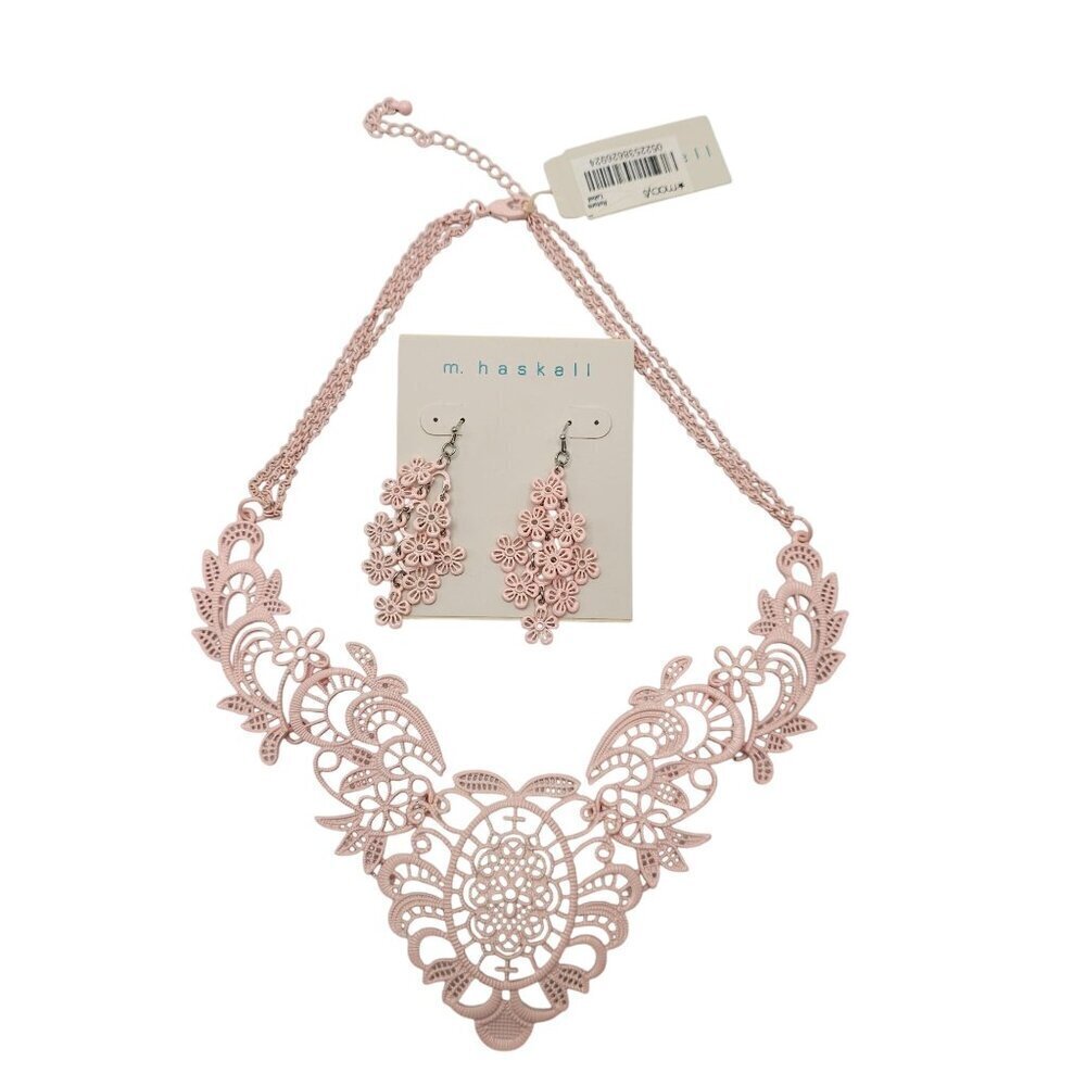M. Haskell Pink Enamel Floral Statement Necklace Drop Earrings Jewelry Set